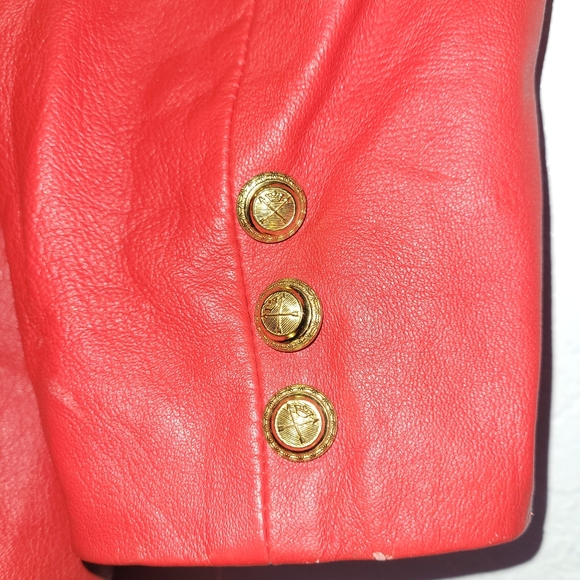 Manart Red Leather Coat Jacket Women's Button Down Lined Pockets Size Large - Picture 5 of 12